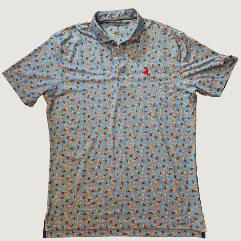 Johnnie-O Polo Shirt Mens M Tropical Pineapple Print Performance Golf UPF 50